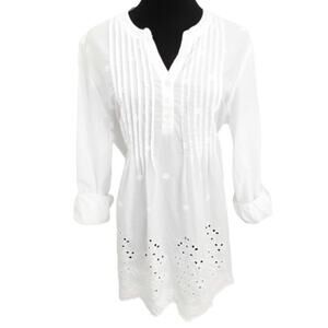 Vintage Y2K Eyelet Lace Tunic Top White Broderie Anglaise Roll Tab Resort
